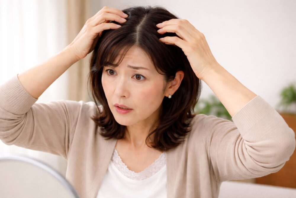 髪の分け目を気にしてるおばさん