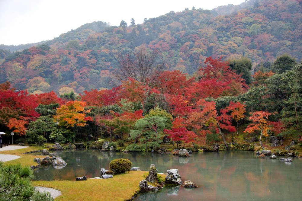 天龍寺の曹源池庭園と嵐山