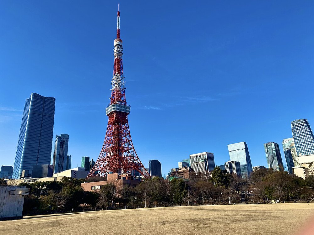 青空の下の東京タワーと芝公園のまわりの高層ビル